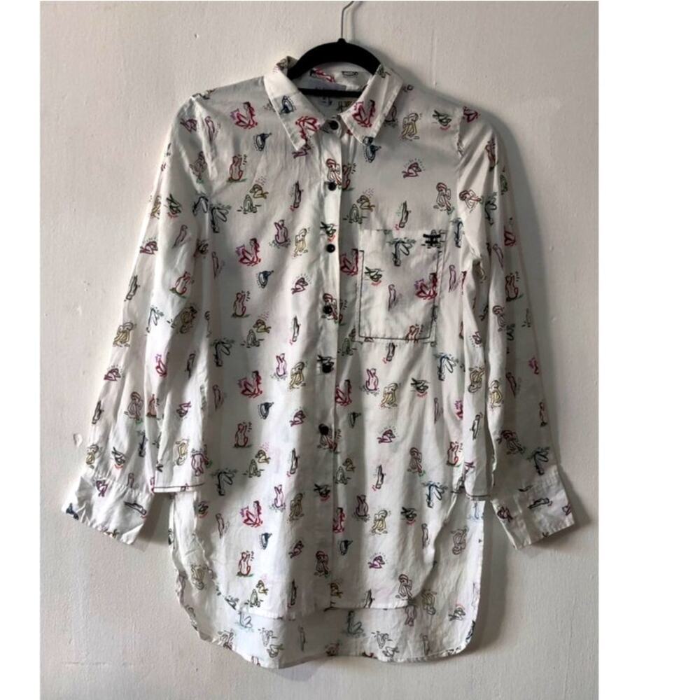 Kosiuko Novelty Women Print Shirt Button Down Size‎ Small White